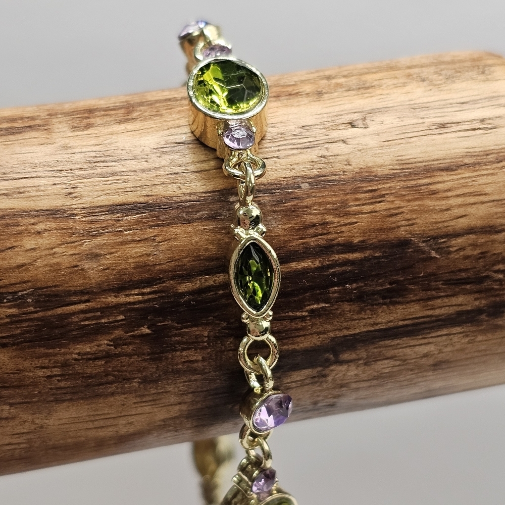 Vintage Style Green & Purple CZ Gold Tone Fashion Bracelet - Picture 6 of 11